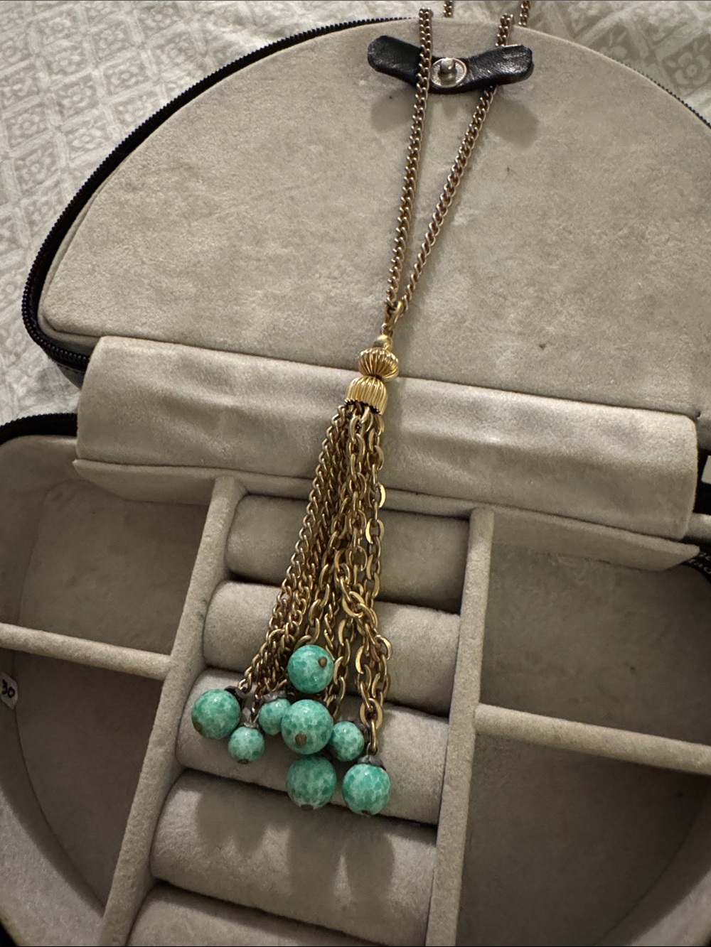 Vintage Gold Tassel Necklace with Green Beads